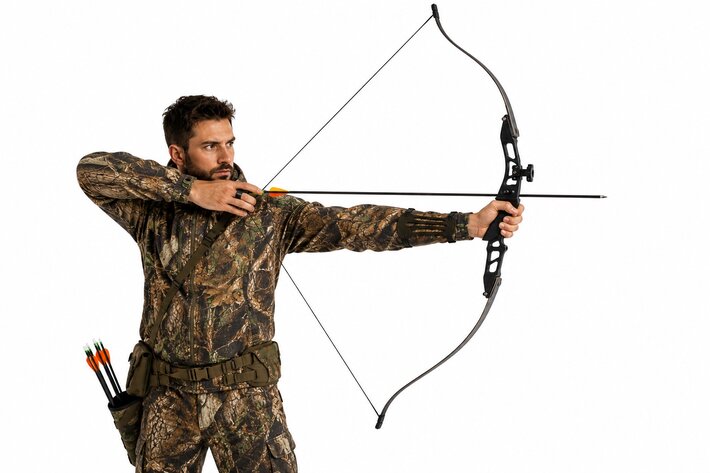 Arc de tir recurve tenu par un archer en tenue de camouflage